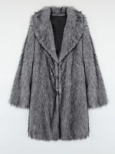 Full-length view of a luxurious grey faux fox fur coat with a soft textured finish.