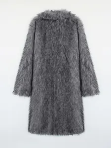 Detailed back view of a long grey faux fox fur coat for women with soft texture