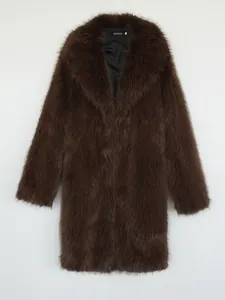 Close-up of a long dark brown faux fox fur coat featuring a plush texture and wide collar.