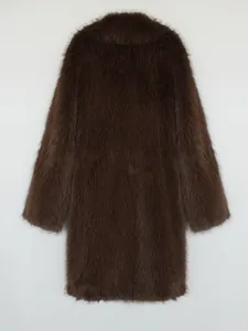 Back view detail of a long dark brown faux fox fur coat featuring soft and plush texture.