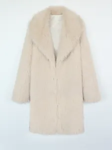 Front view of a luxurious light beige faux fox fur long coat for women's winter fashion.