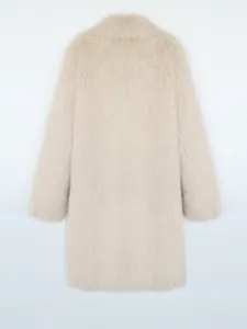 Back view of elegant light beige long faux fox fur coat for women's winter wear