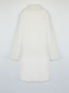 Back view of a plush white faux fox fur long coat showcasing soft texture
