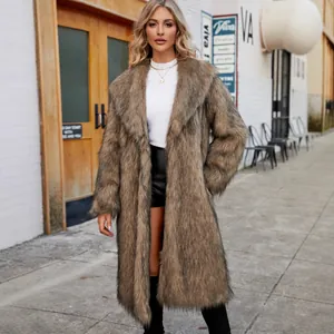 Women Elegant Long Faux Fox Fur Coat Winter Autumn Lapel Collar Warm Thick Outerwear Casual Commuter Plush Jacket For Lady