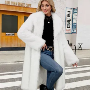 Elegant white long faux fox fur coat for women winter fashion urban street style