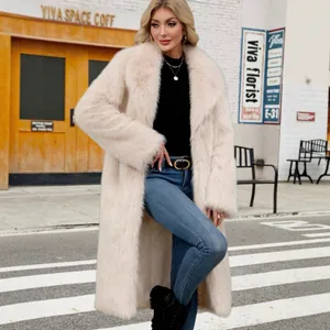 Elegant women's long faux fox fur coat in cream beige for autumn winter fashion
