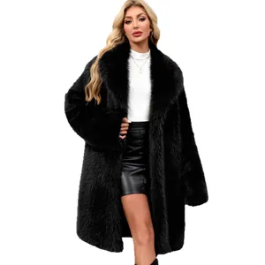 Elegant black long faux fox fur coat for women, perfect for winter luxury fashion style.