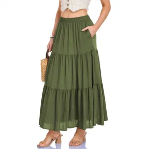 Elegante olijfgroene katoen-linnen gelaagde maxi-rok met hoge taille en zijzakken