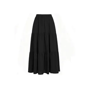 Elegante zwarte katoen-linnen gelaagde maxi-rok met hoge taille en een elastische band.