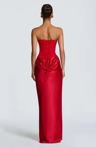 Elegant back view of a red strapless corset evening gown featuring a lace-up satin maxi skirt