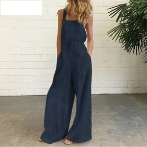 Dettaglio della tuta smanicata blu navy a gamba larga con bottoni laterali e tasche