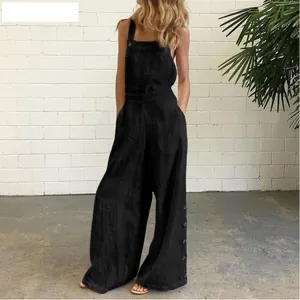 Tuta casual nera senza maniche a gamba larga con bottoni laterali decorativi e vestibilità