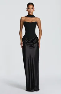 Elegant black satin strapless evening dress with waist-cinching detail and neck scarf