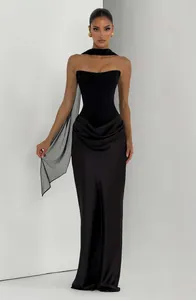 Elegant black strapless evening dress with a draped satin skirt and long neck streamer