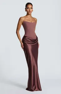 Elegant strapless corset evening maxi dress with draped satin skirt in chocolate brown