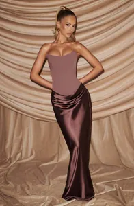 Full view of a strapless evening gown with a mauve corset bodice and chocolate satin skirt