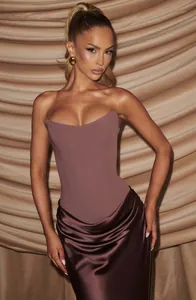 Elegant mauve strapless corset maxi dress with chocolate brown satin draped skirt for women