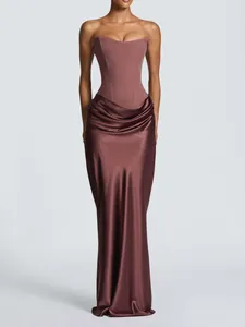 Women Sexy Strapless Satin Maxi Dress Elegant Corset Bodycon Evening Gown Lace-up Back Ruched Draped Formal Party Dress Top And Bottom