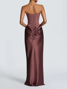 Elegant mauve satin evening dress featuring a strapless corset lace-up back design.