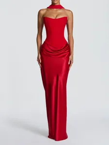 Elegant red satin strapless evening gown with draped waist and floor-length skirt