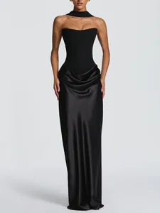 Elegant black strapless satin maxi dress with waist cinching and matching choker scarf