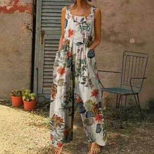 Sleeveless ethnic floral print jumpsuit for women, bohemian style wide leg casual wear