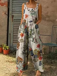 Bohemian ethnic floral print sleeveless wide-leg jumpsuit romper with pockets for women