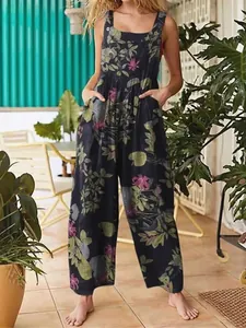 Women's bohemian ethnic style floral print sleeveless wide leg overalls jumpsuit