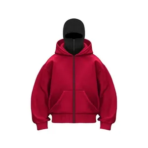 Red men's loose fleece hoodie with unique double hood and black balaclava mask detail.