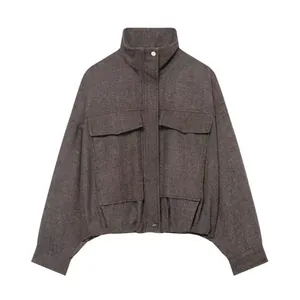 Women's Casual Loose Herringbone Bomber Jacket Autumn Winter Stand Collar Oversized Cargo Outwear Top