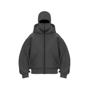 Oversized charcoal zip-up hoodie featuring a double hood and integrated balaclava mask