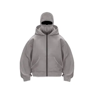 Detail view of gray fleece hoodie featuring unique balaclava mask and double hood design
