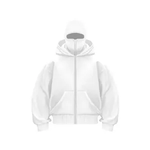 Detailed view of white men's fleece hoodie with unique double hood and mask design