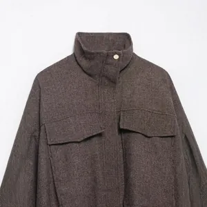Loose herringbone aviator jacket in brown with standing collar and chest pockets