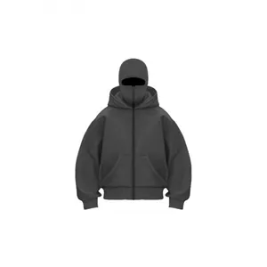 Men Streetwear Oversized Full Zip Mask Hoodie Fleece Lined Balaclava Double Hooded Sweatshirt Winter Warm Sport Jacket Top