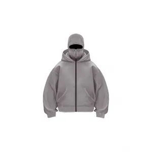Minimalist grey fleece zip-up hoodie with integrated face mask and double hood design