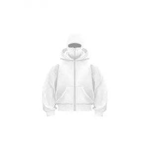 Professional white men's full-zip fleece hoodie featuring an integrated balaclava face mask design