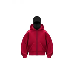 Men's oversized red fleece zip hoodie with unique double hood and black mask design