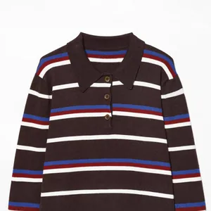 Casual retro striped knit polo shirt for women with brown, white and blue patterns