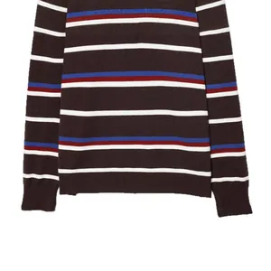 Women's casual retro striped knit sweater featuring multi-color horizontal bands on dark base