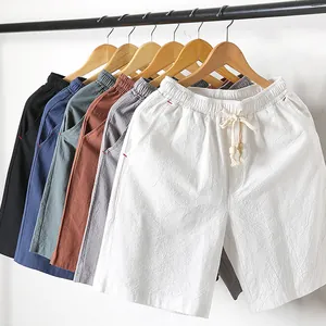 Men's Summer Cotton Shorts Loose Casual Breathable Drawstring Elastic Waist Five-Point Bottom Beach Sports Shorts