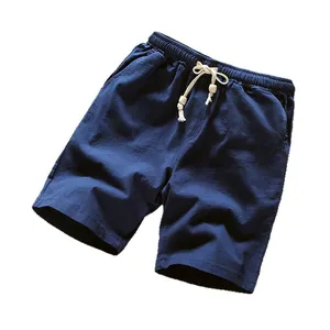 Premium men's navy blue cotton linen shorts with drawstring elastic waist for summer wear