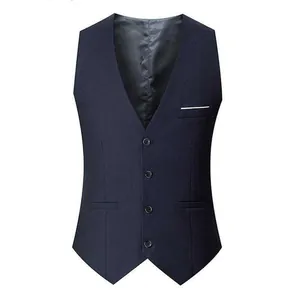 Elegant men's slim fit navy blue suit vest featuring a classic single-breasted design