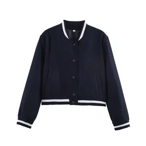 Veste varsity courte bleu marine avec col et poignets côtelés à rayures blanches