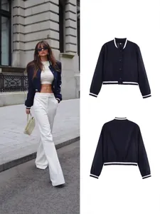 Γυναικείο κοντό μπλε navy μπουφάν varsity με λευκές ρίγες και κουμπιά σούστες