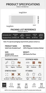 Especificaciones técnicas y guía de cuidado para bufanda de imitación mohair gruesa lisa