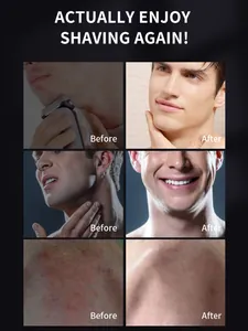 Comparison showing before and after skin results using men's sandalwood shaving cream