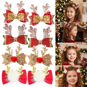 Pinzas de Navidad brillantes con astas de reno, lazos festivos y pompones para niñas.