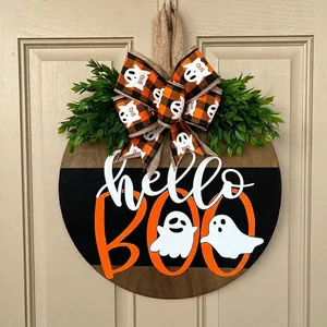 Rustic handmade Halloween ghost BOO wooden door sign with plaid bow and faux greenery decoration