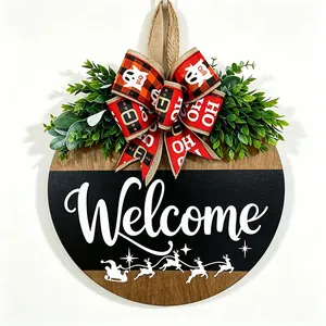 Round wooden welcome door sign with festive bow and reindeer silhouette